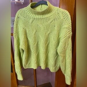 AE Cable Knit Mock Neck Lime Green Cropped Sweater